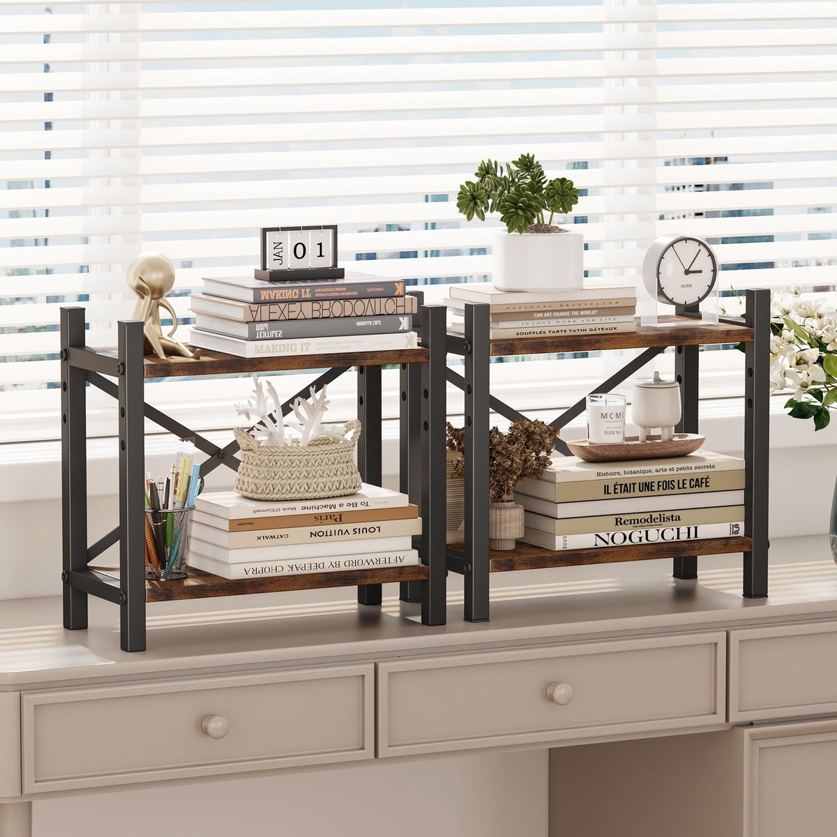 Desktop Bookshelf, 4-Tier Stackable Narrow Bookcase, Adjustable Industrial Desk Organizer & Hutch