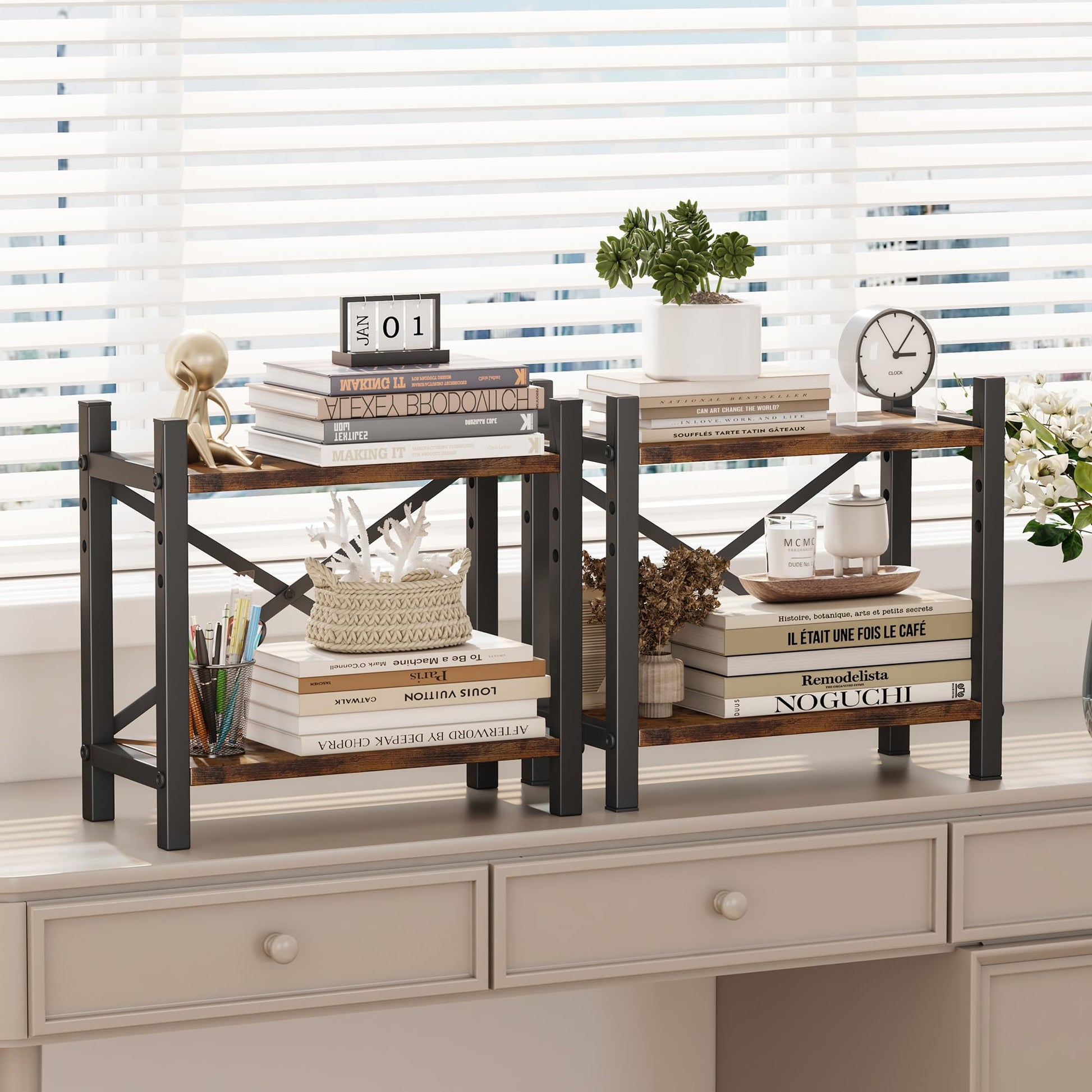 Desktop Bookshelf, 4-Tier Stackable Narrow Bookcase, Adjustable Industrial Desk Organizer & Hutch