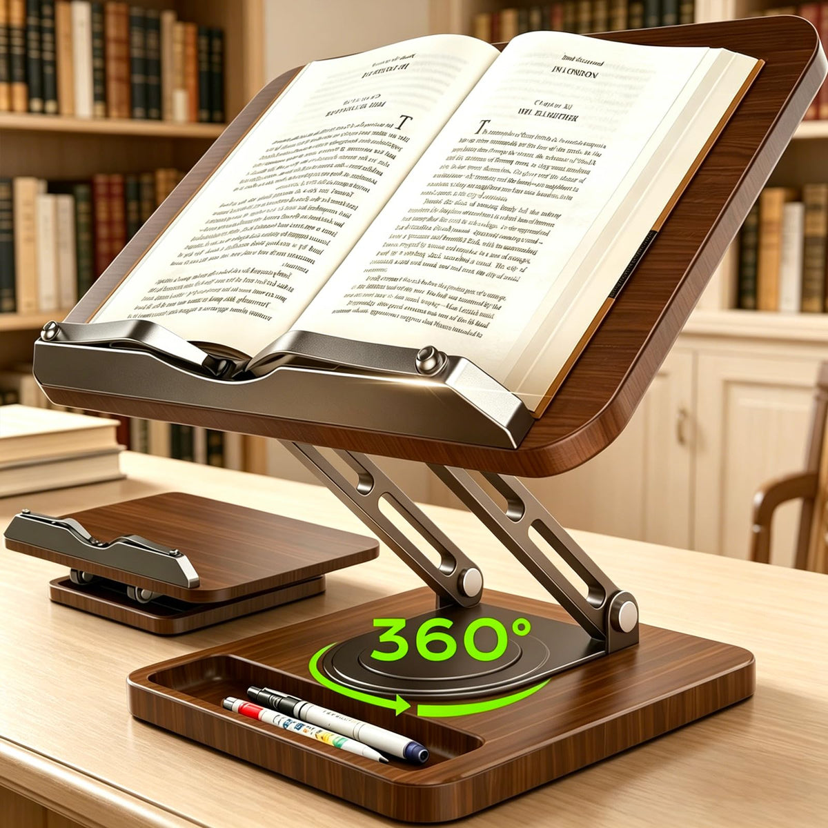 LOXP Book Stand with Storage, 360° Rotating Cookbook Stand, Ergonomic