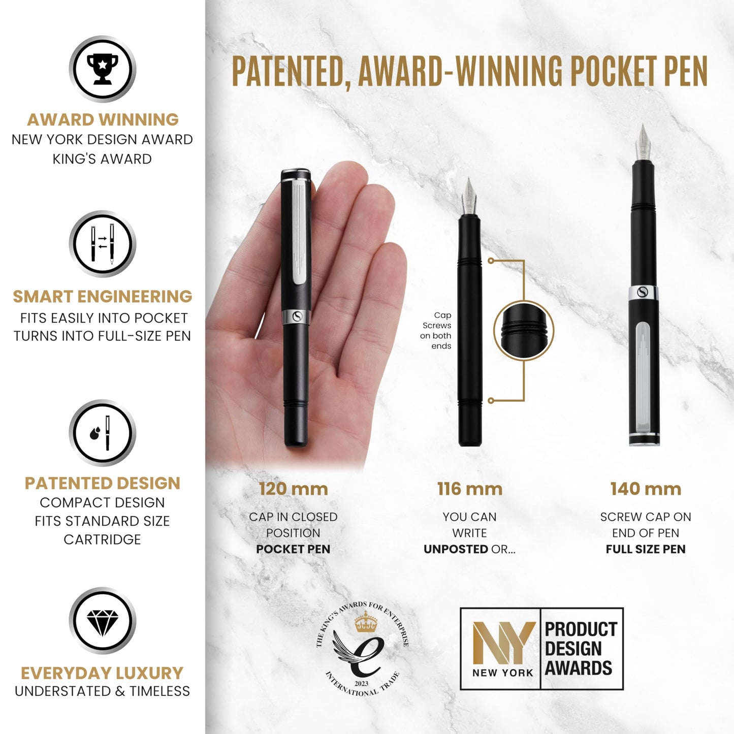 Scriveiner Personalized Luxury EDC Fountain Pen (Medium), Stunning Matt Black Pocket Pen, Chrome