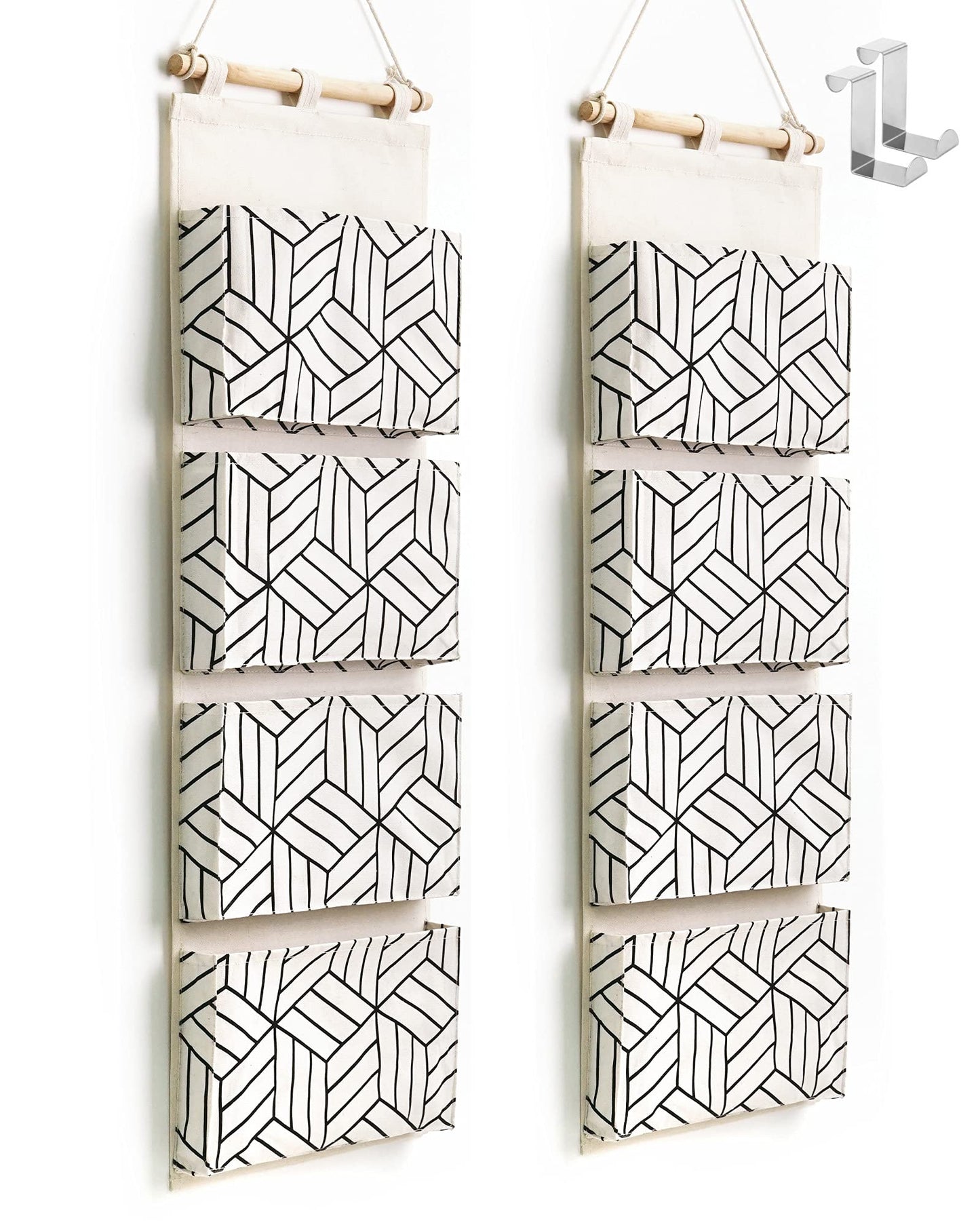 CROWNED 2Pcs Over Door Hanging Storage Bags Wall Mount Closet Organizer, 4 Big Pockets Linen Cotton