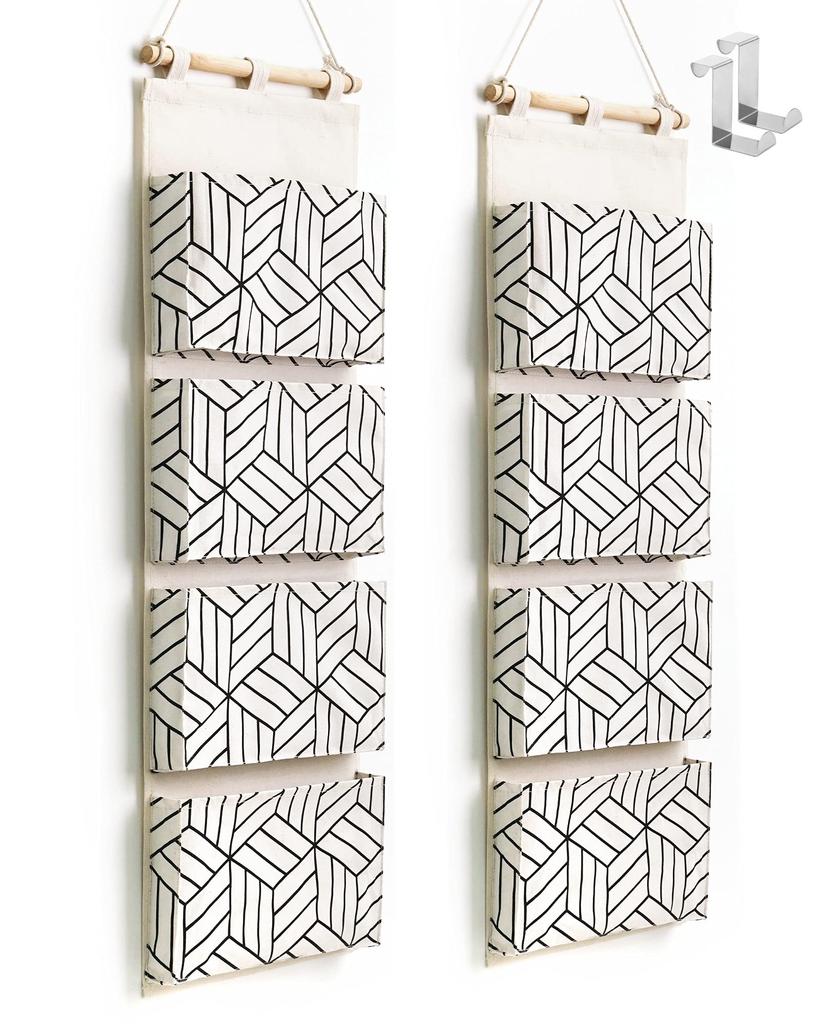 CROWNED 2Pcs Over Door Hanging Storage Bags Wall Mount Closet Organizer, 4 Big Pockets Linen Cotton
