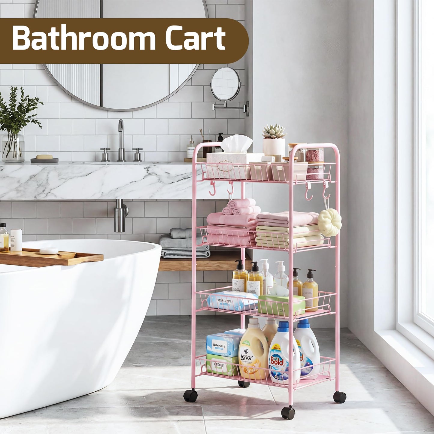PLKOW 4-Tier Rolling Utility Cart with Detachable Baskets, Pink