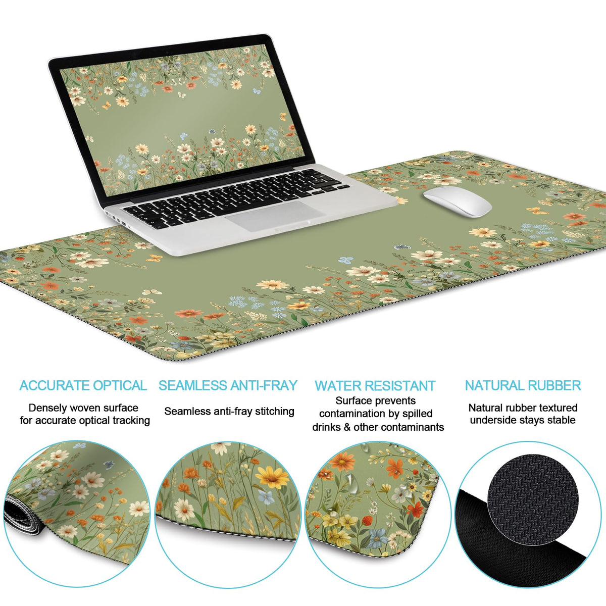 LIMKRIAN Floral Desk Mat Set, Cute Green Desk Accessories Gifts for Women