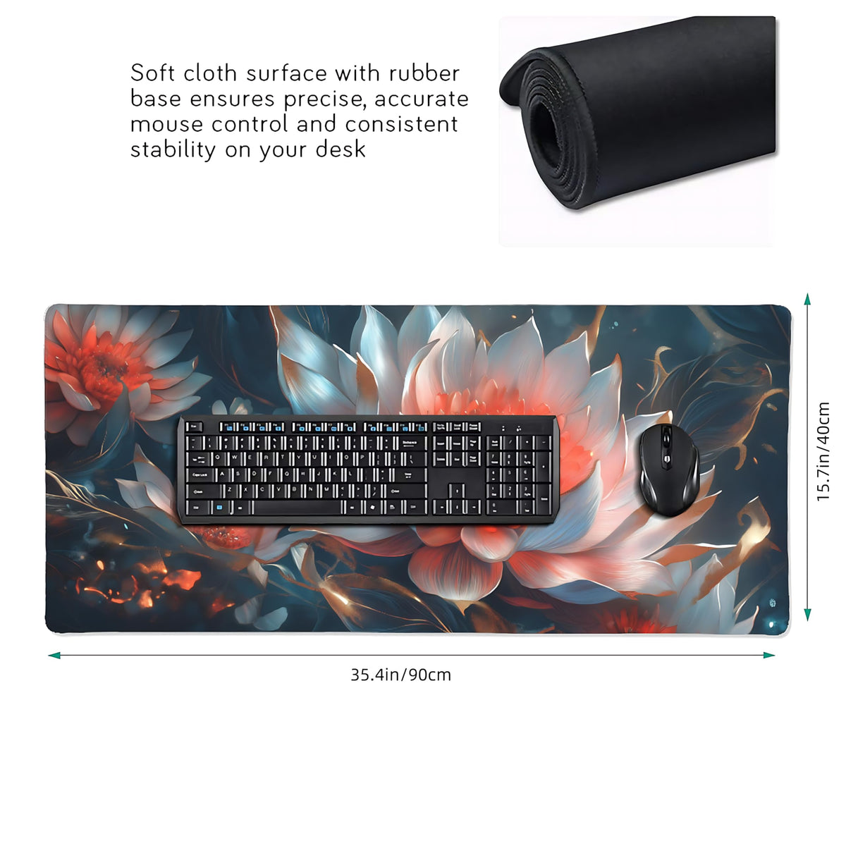 Floral Aesthetic Lotus Gaming Mouse Pad, Ink Blue Red Cyber Desk Mat with Anti-Slip Base & Stitched