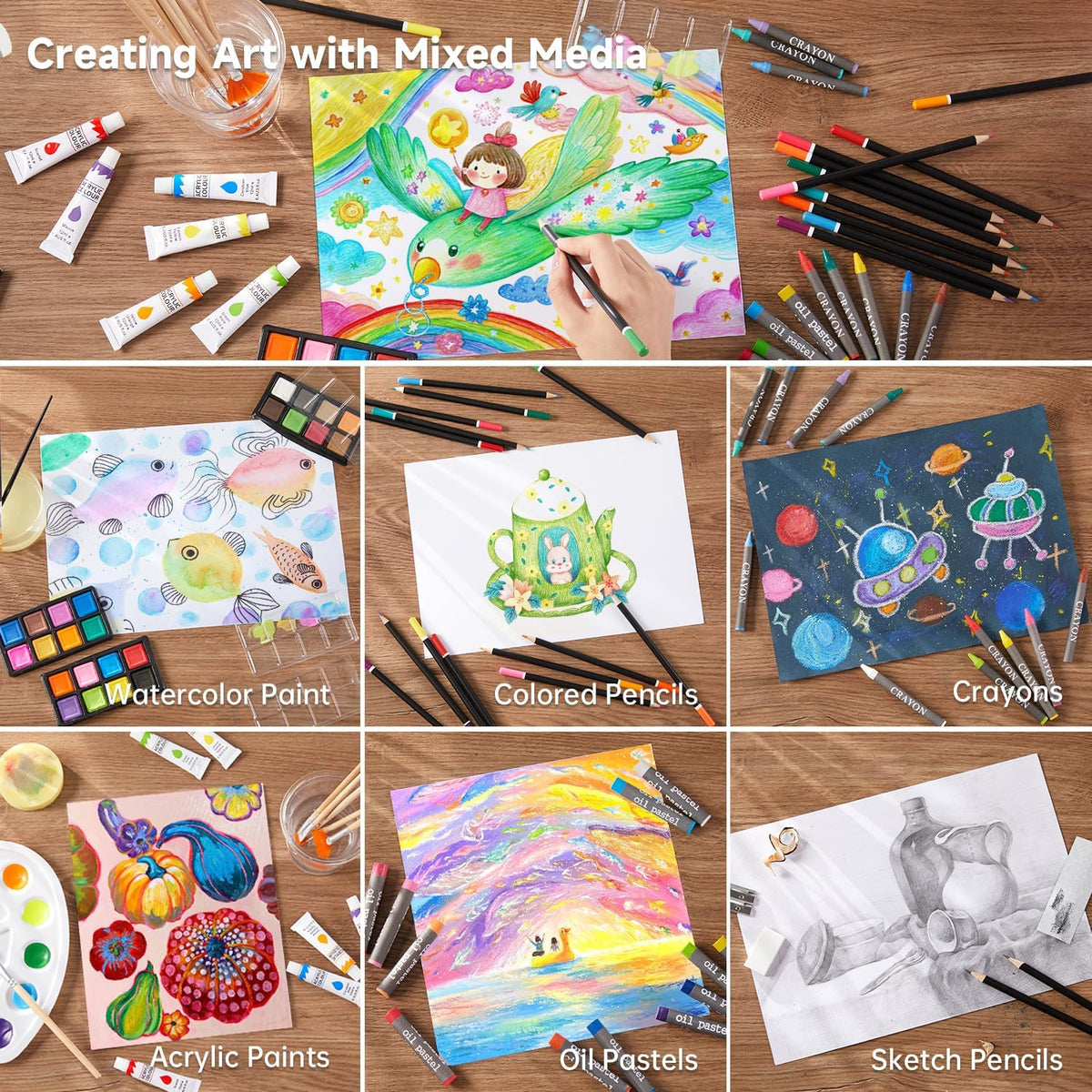 Shuttle Art Deluxe Gift Art Kit, 202-Piece Wooden Art Supplies Set with 4 Drawing Pads, Canvases