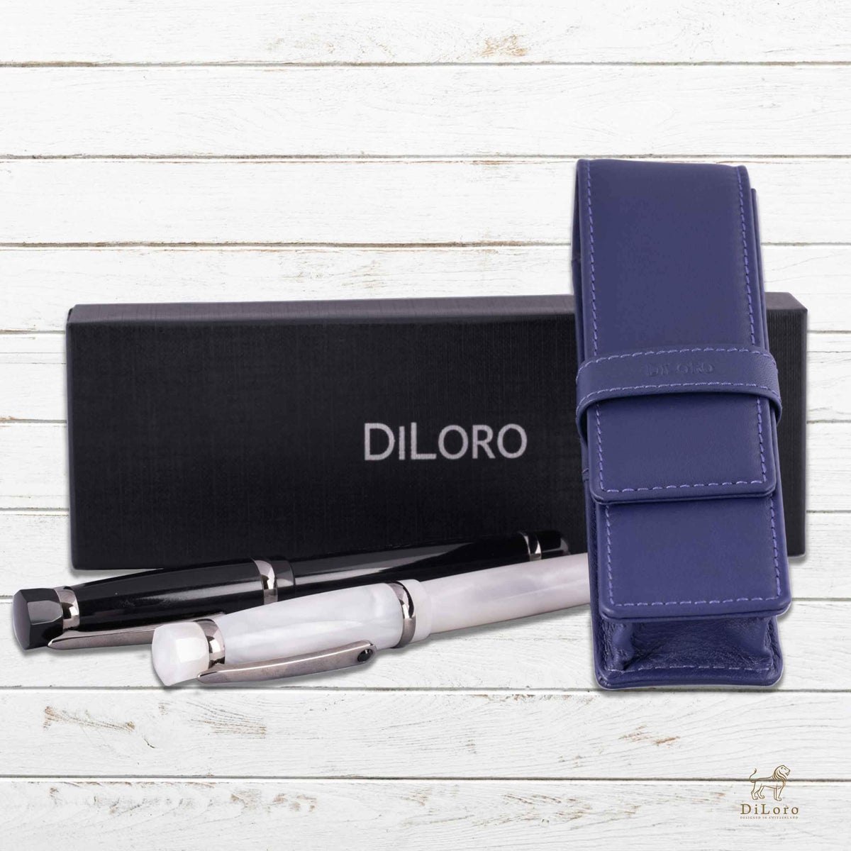 DiLoro Leather Double Pen Case Pencil Pouch Holder for Two Fountain Ballpoint Rollerball Pens and