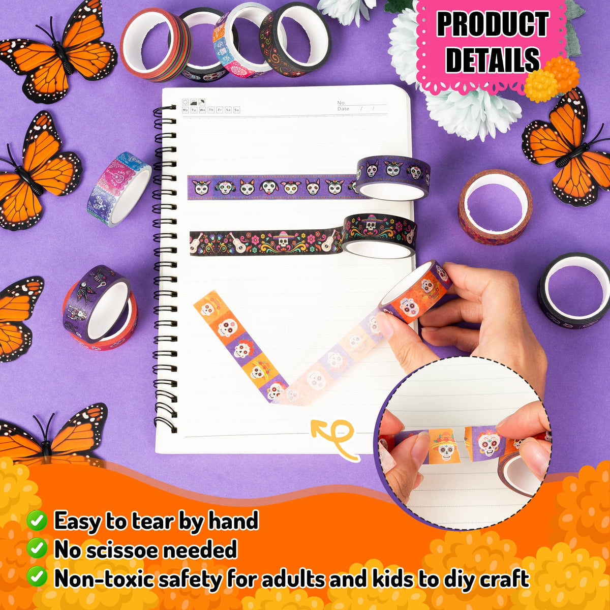 BkeeCten Day of the Dead Washi Tape, 12 Rolls Sugar Skull Decorative Tape
