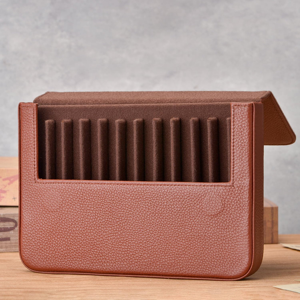 Lanxivi 12 Fountain Pen Case Genuine Coffee Leather Organizer, Portable Pen Bag Pouch Drawer Style
