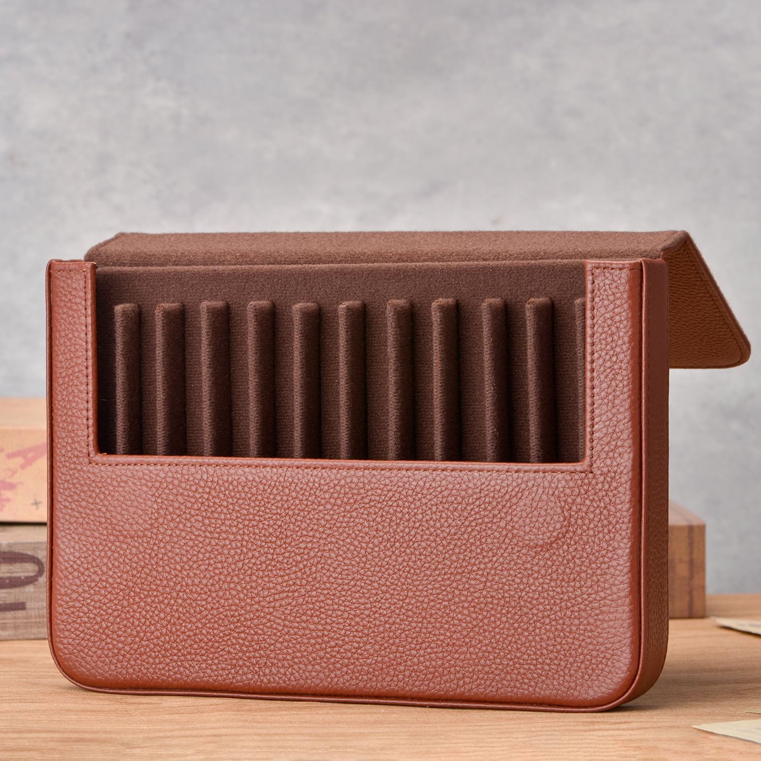 Lanxivi 12 Fountain Pen Case Genuine Coffee Leather Organizer, Portable Pen Bag Pouch Drawer Style
