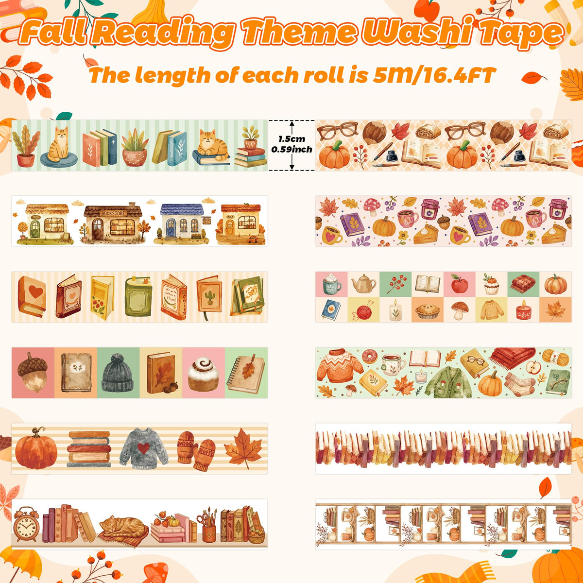 BkeeCten 12 Rolls Autumn Reading Washi Tape for Journals Reading Logs