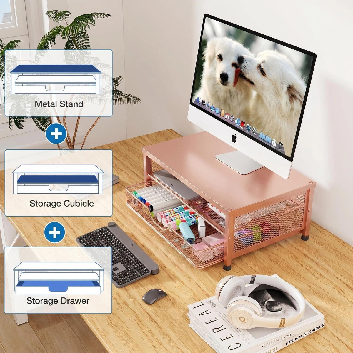 OPNICE Computer Monitor Stand Riser, Desk Organizer with Drawer, Printer & Laptop Stand, Office