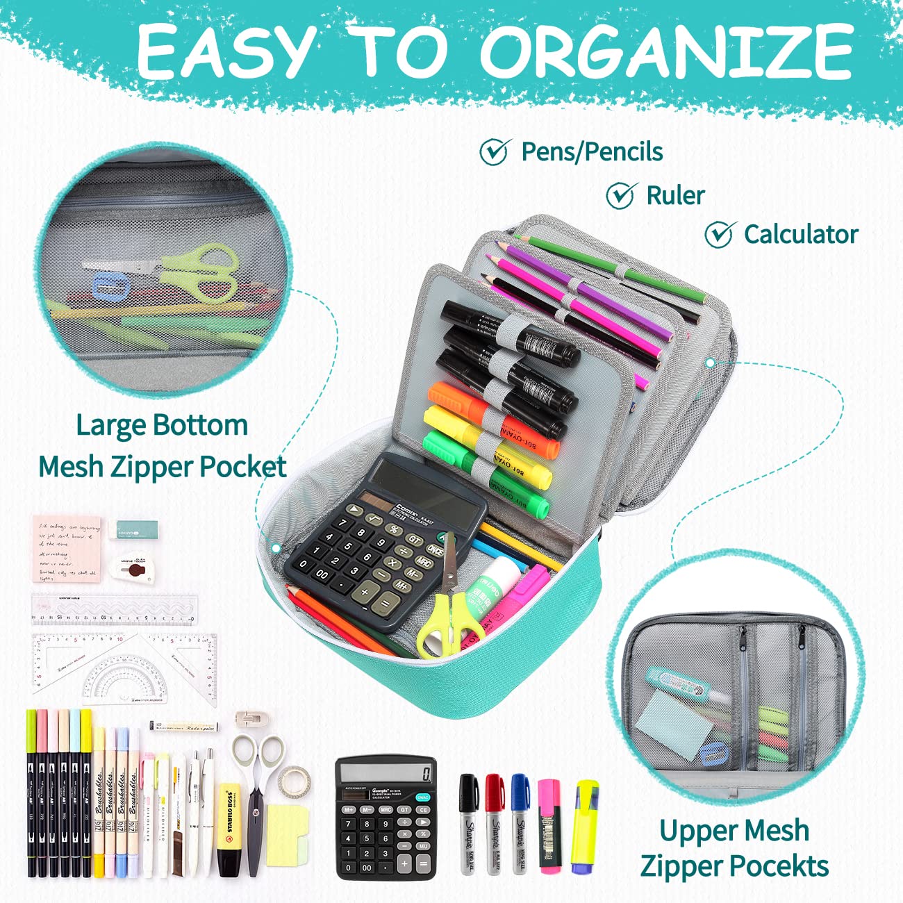 VASCHY Large Pencil Case, Art Color Pencils Pouch with Detachable Layers Multiple Zip Pockets for