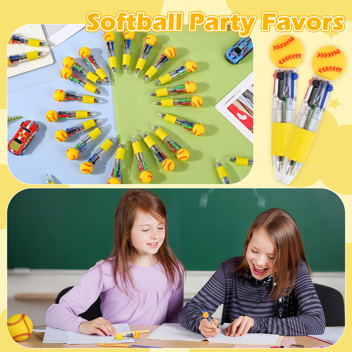 LiYiQ 100 Pcs Softball Party Favor Multicolor Pen in One Cartoon Cute Fun 4-in-1 Cute Pens Bulk