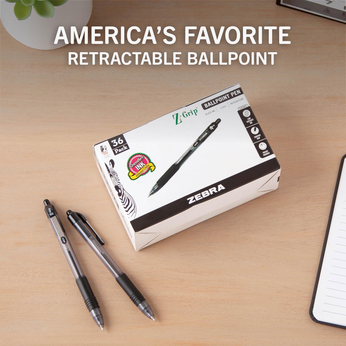 Zebra Pen Z-Grip Retractable Ballpoint Pen, Black Ink, 1.0mm, 36 Bulk-Pack