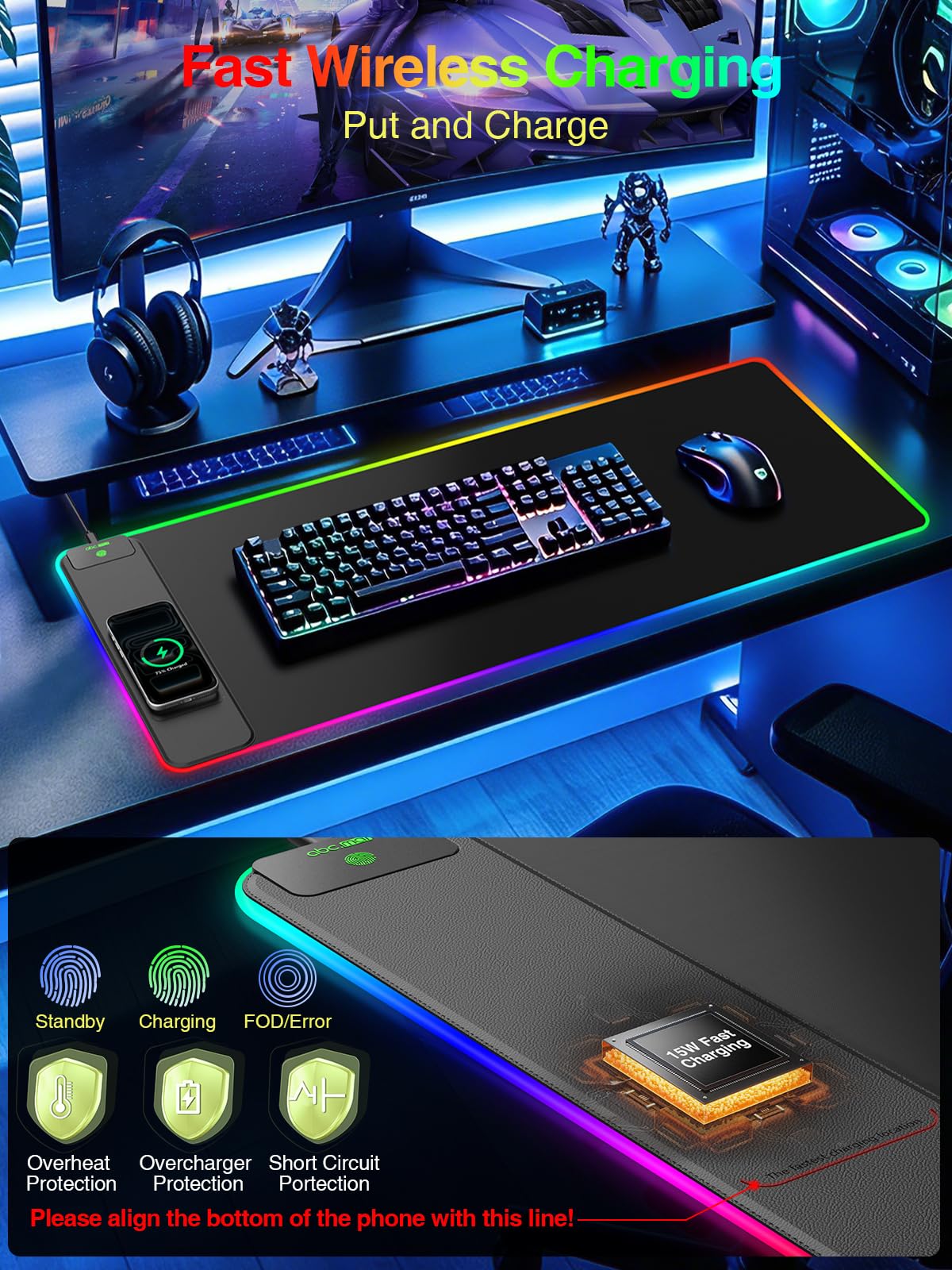 Wireless Charging Mouse Pad Gaming, 31.5"x15.8" Large Desk Mat, Waterproof
