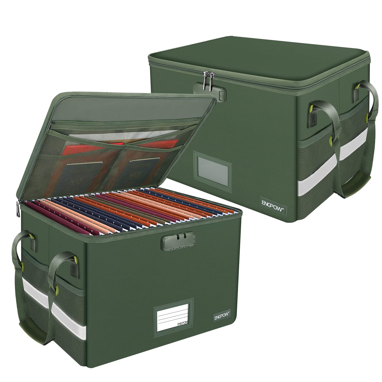 ENGPOW File Box with Lock, Fireproof Document Box with Pockets, Collapsible File Organizer Filing