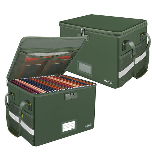 ENGPOW File Box with Lock, Fireproof Document Box with Pockets, Collapsible File Organizer Filing