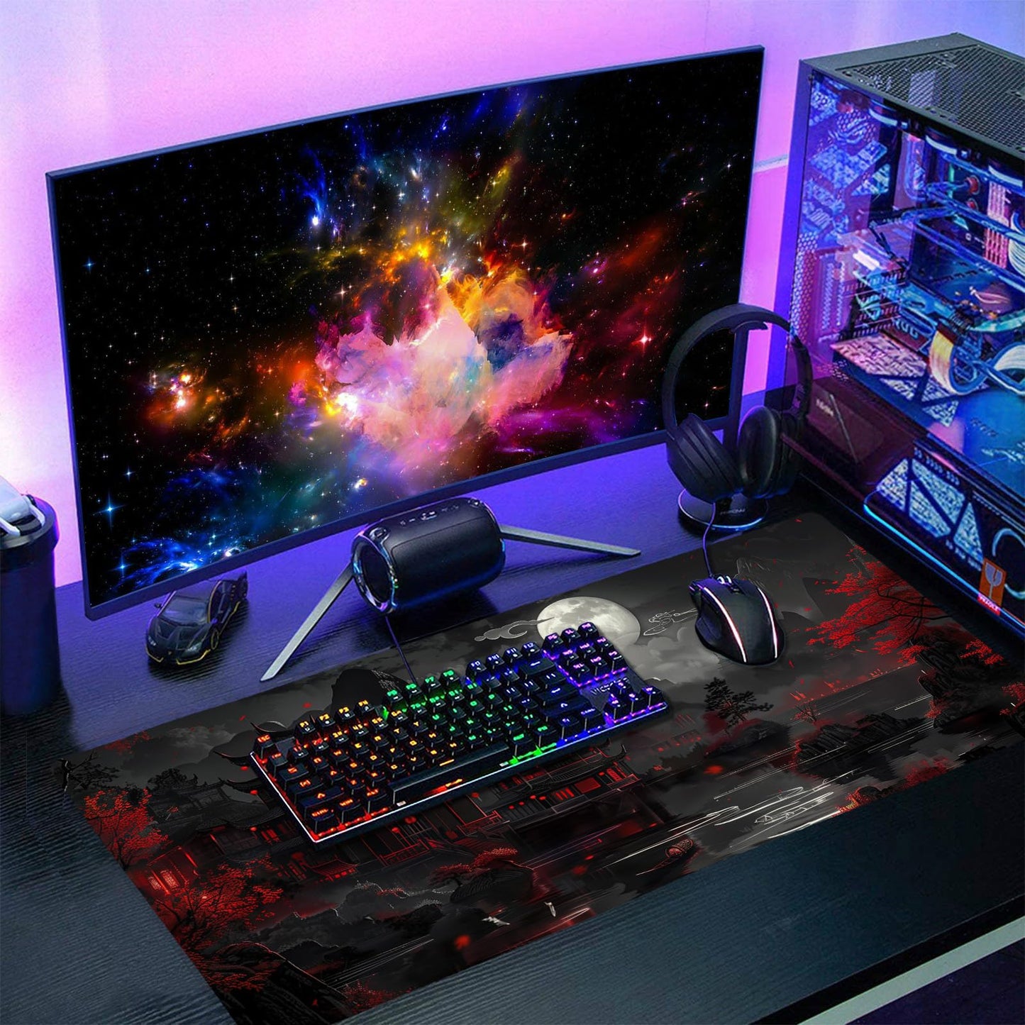 Full Moon Night Gaming Mouse Pad XXL Black Red Mountain Japanese Extended Large Mat Mousepad Desk