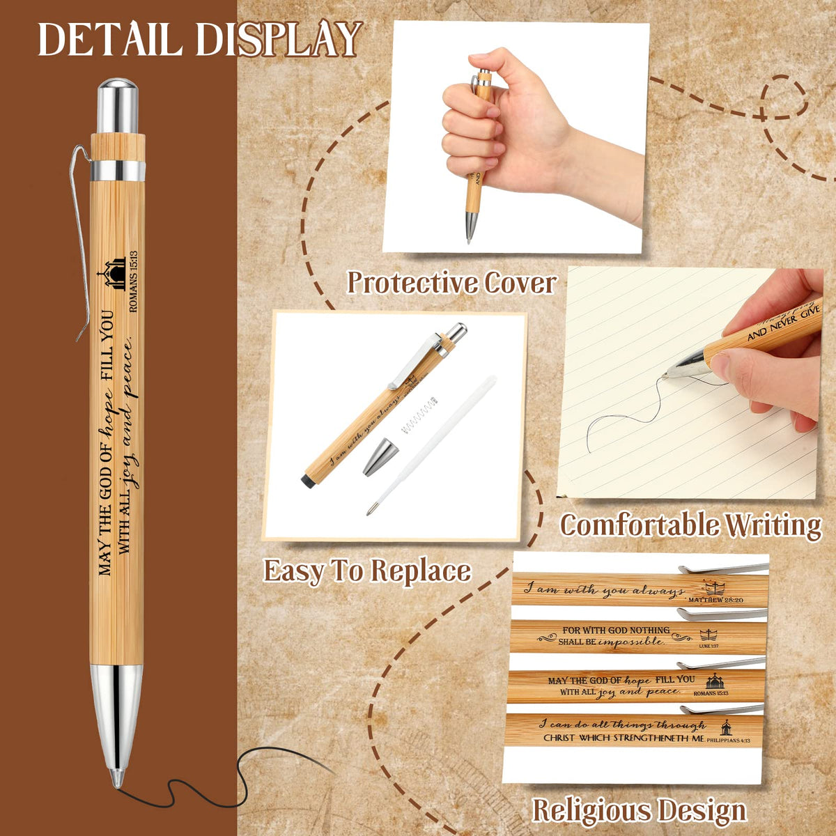 Fumete 100 Pcs Christian Pens Bulk Bamboo Ballpoint with Bible Verse