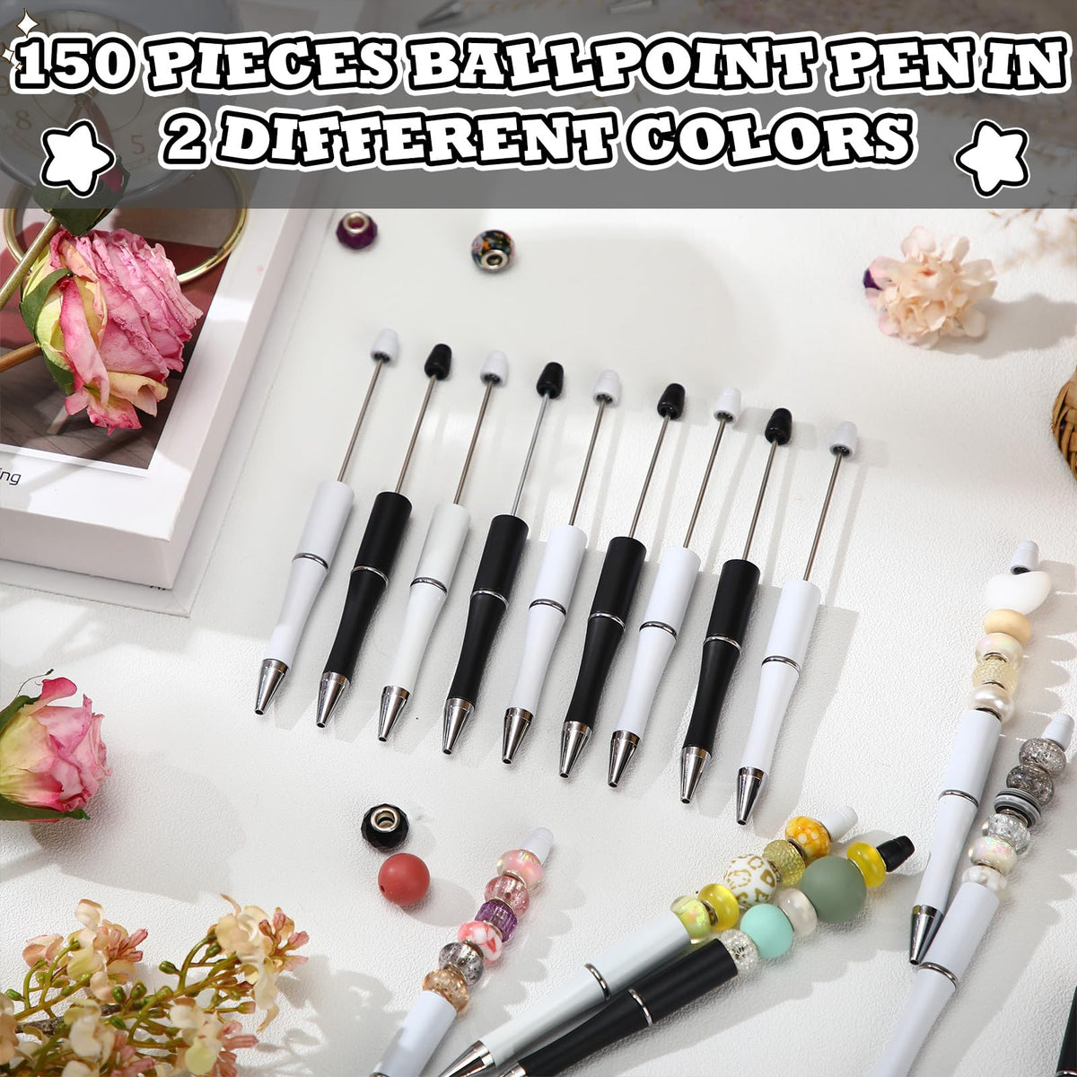 Kosiz 150 Pcs Plastic Beadable Pen Bulk, Black and White