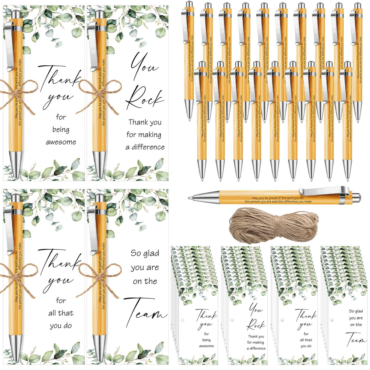 Yeaqee 48 Set Employee Appreciation Bamboo Pens with Thank You Cards