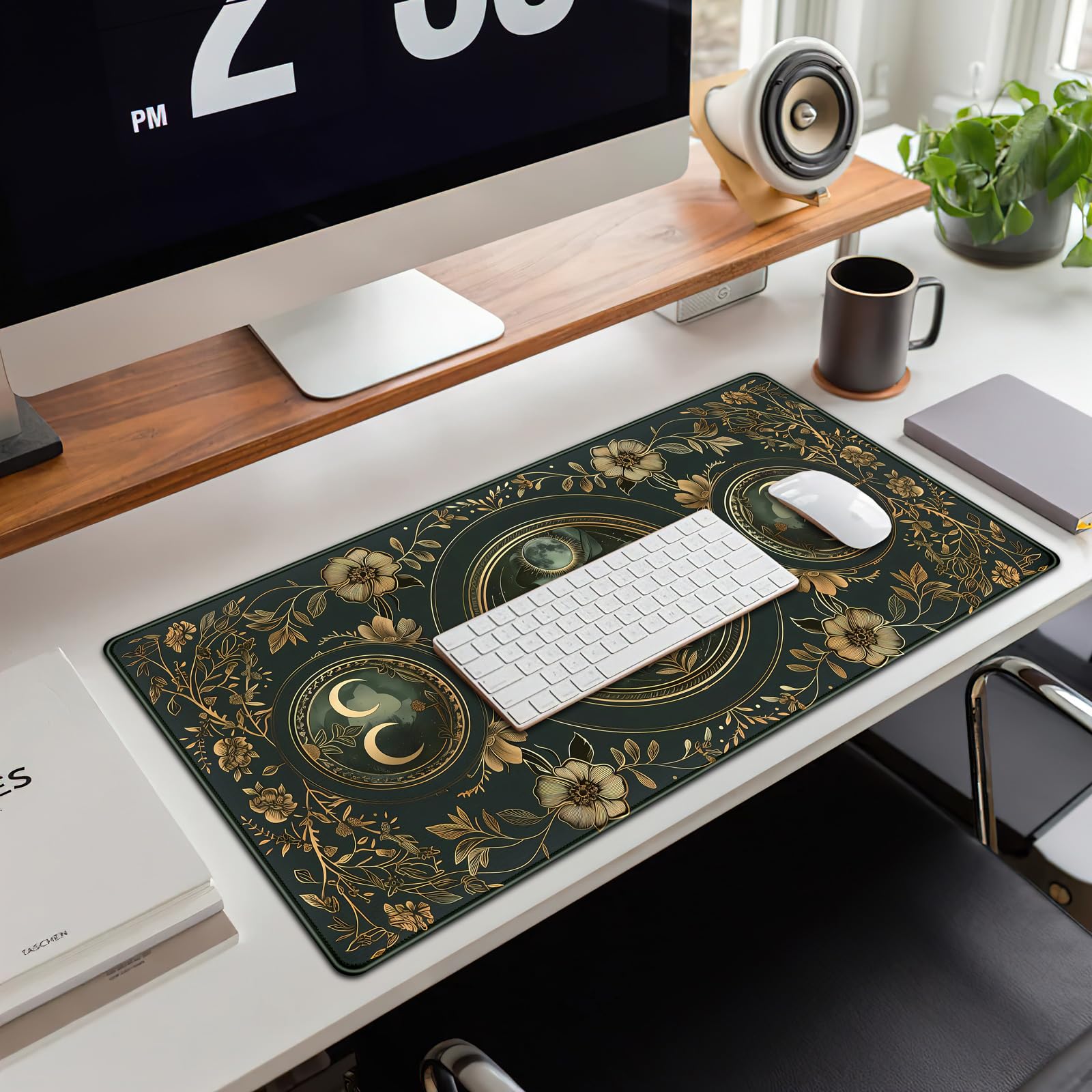 Celestial Art Nouveau Botanical Desk Mat Gold Moon Large Mouse Pad Emerald Vintage Big Gaming