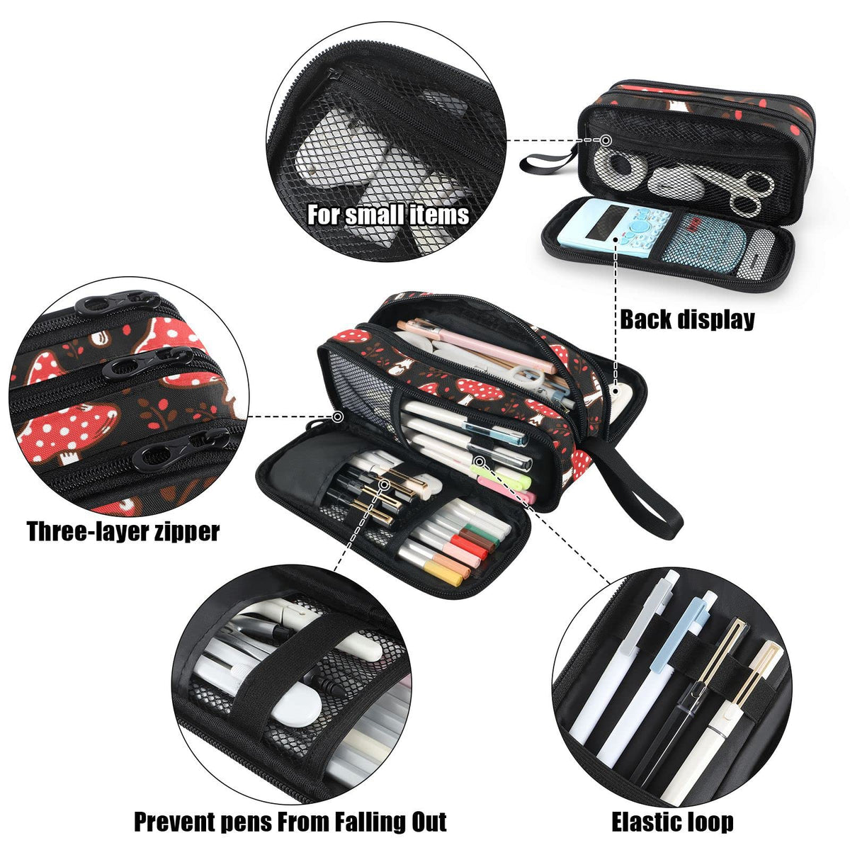 Fustylead Amanita Red Mushroom Pen Pencil Case Makeup Pouch Big Capacity Multi-Purpose Travel Bag