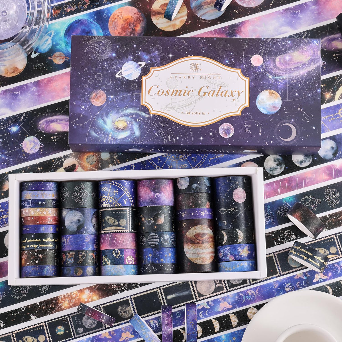 32 Rolls Washi Tape Set, Gold Foil Galaxy Decorative Masking Tape Constellation, Stars, Celestial