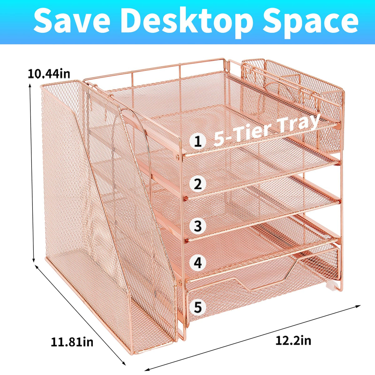 Gugsey 5-Tier Desk File Organizer with Drawer & Pen Holder (Rose Gold)