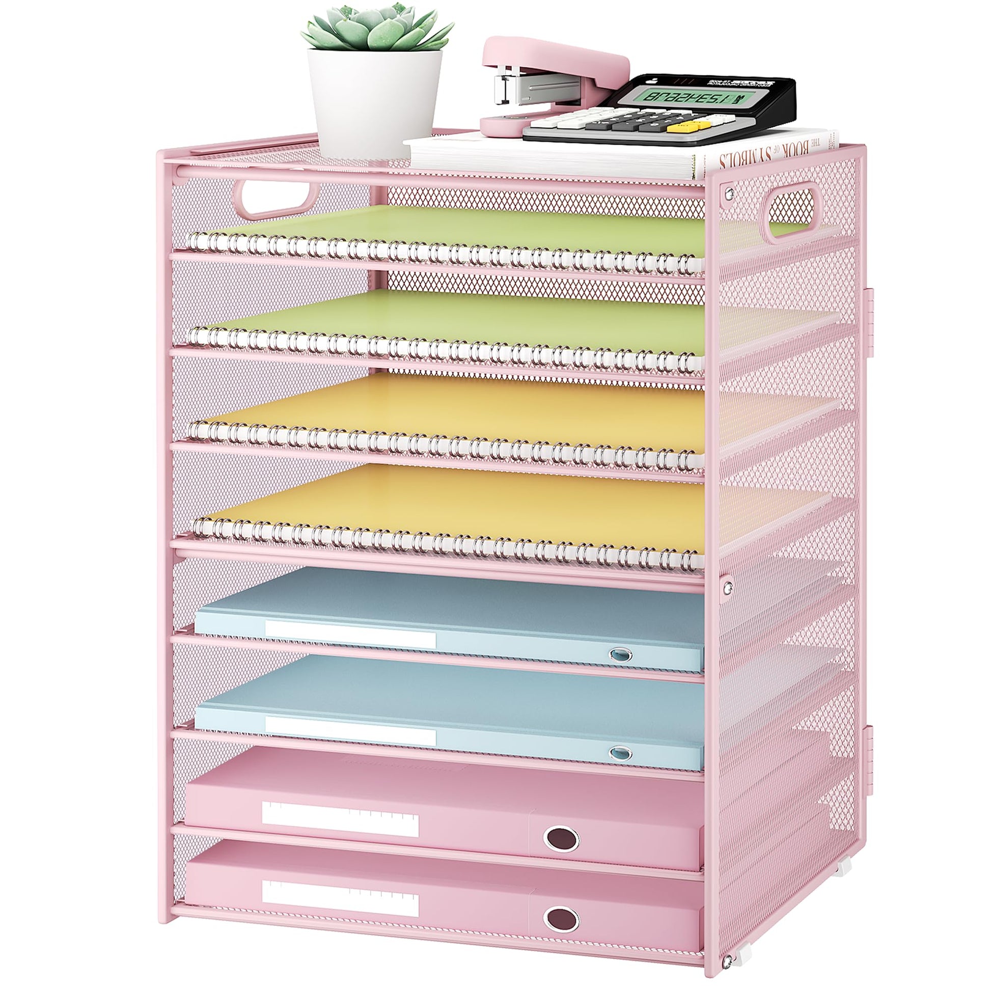 Subekyu 9 Tier Paper Letter File Tray Organizer for Desk, Pink Large Mesh Desk Folder Sorter