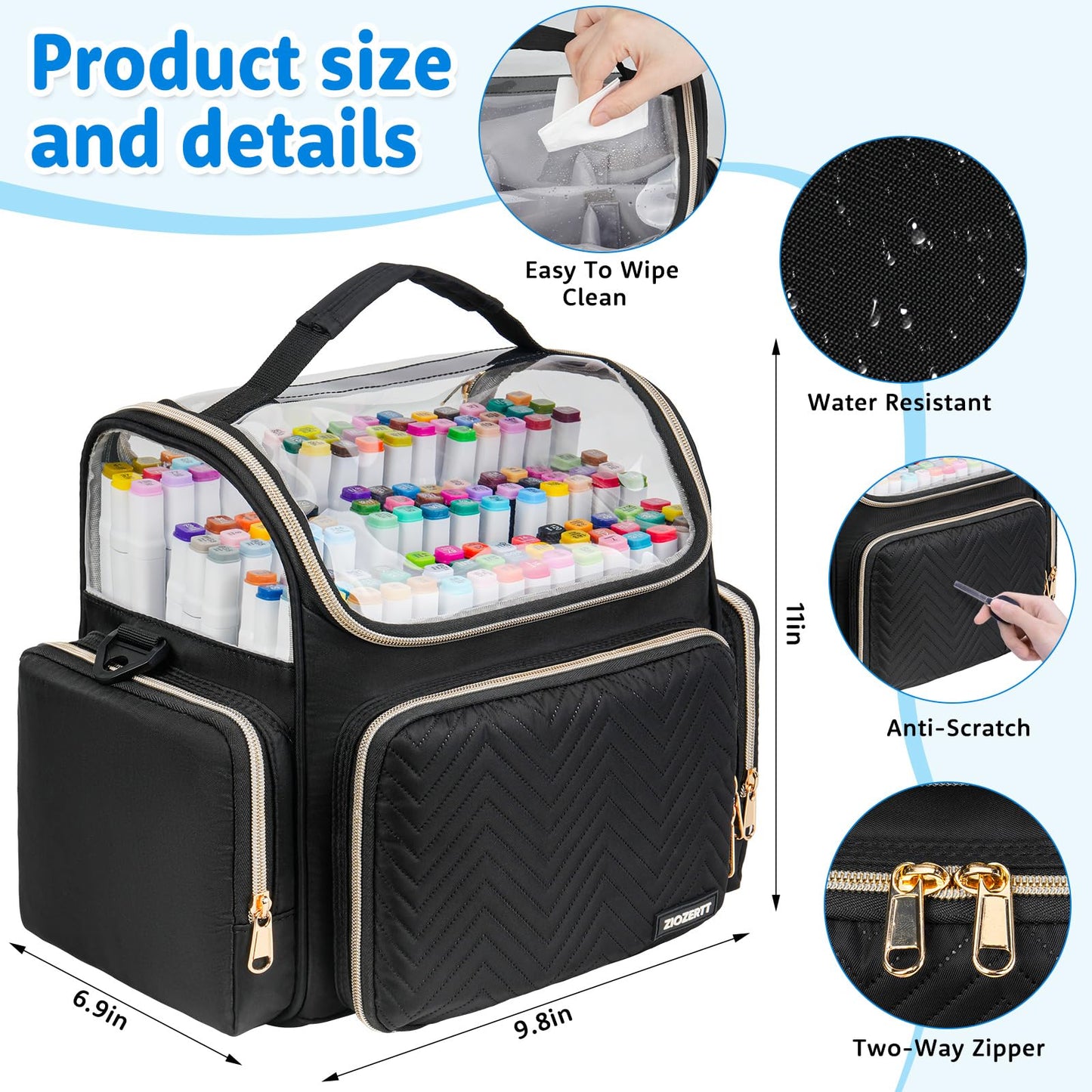ZIOZERTT Marker Organizer Case for 200+ Markers,Travel Marker Storage Bag with Dividers,Marker
