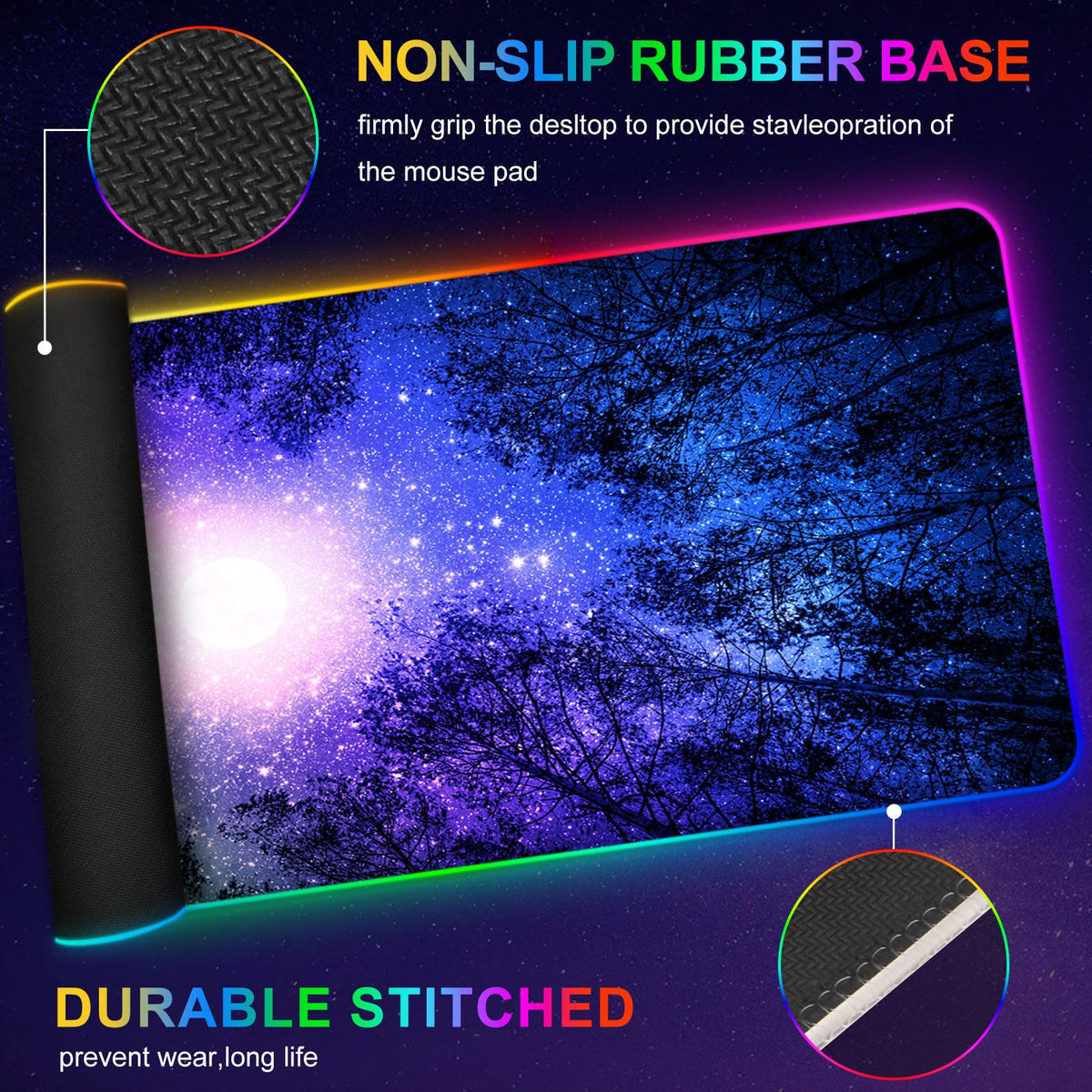 ARTSO Gaming Mouse Pad RGB Starry Sky, Forest Large Mousepad with Non-Slip Rubber Base, Cool XXL