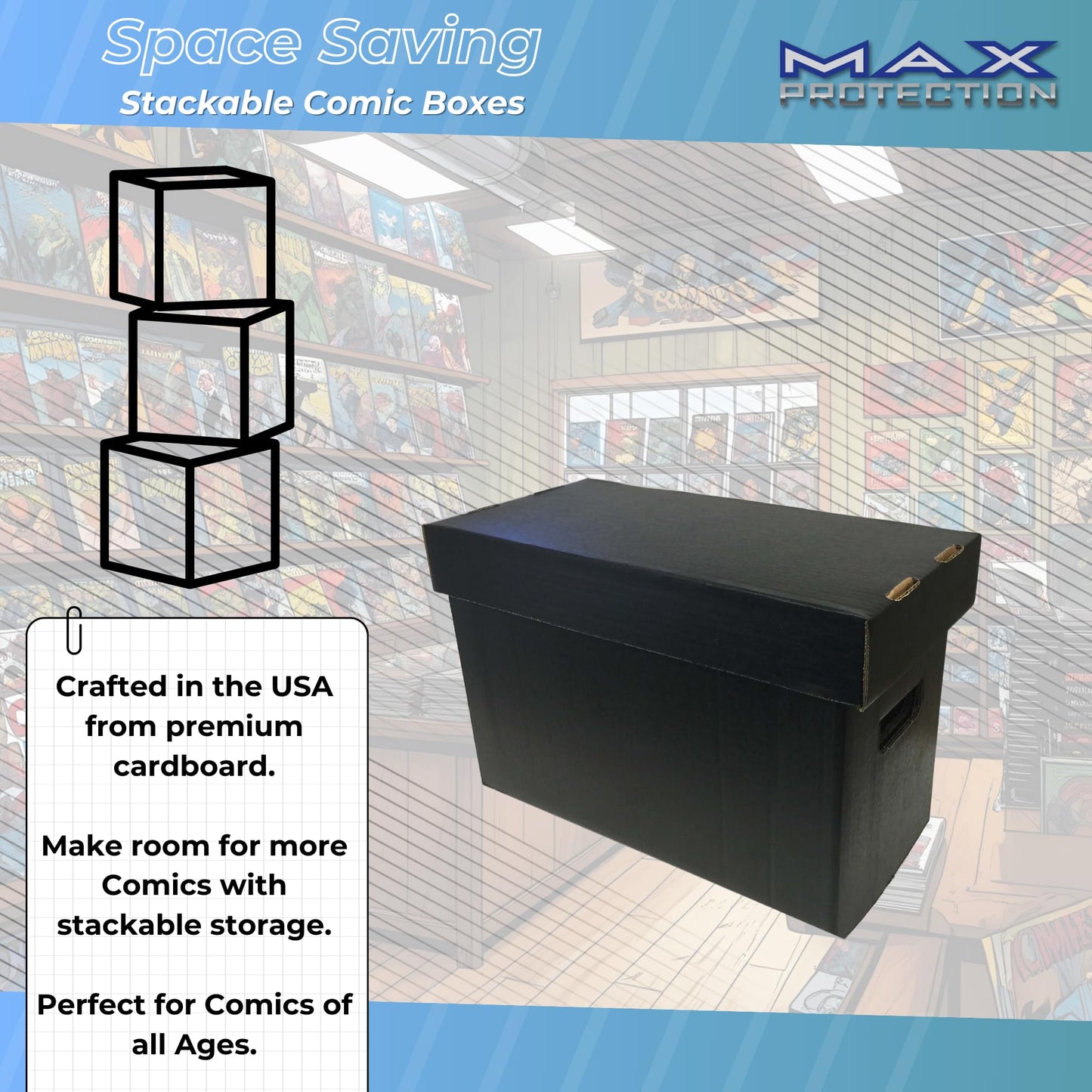 Max Protection Comic Book Storage Boxes - Short Cardboard Black Case for 150-175 Comic Books