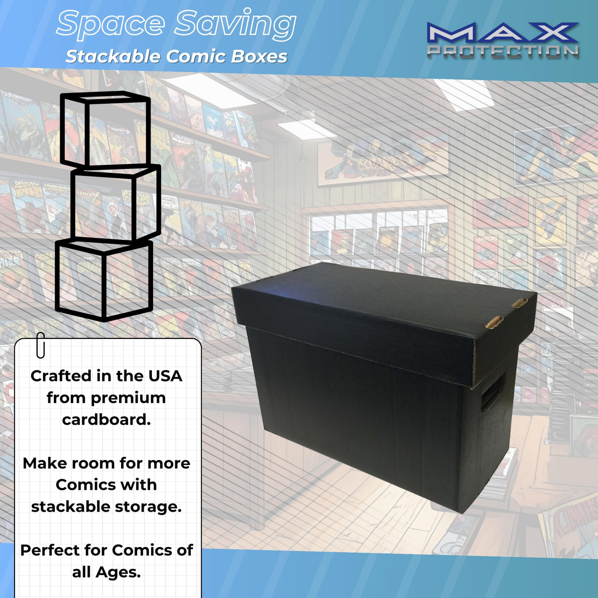 Max Protection Comic Book Storage Boxes - Short Cardboard Black Case for 150-175 Comic Books