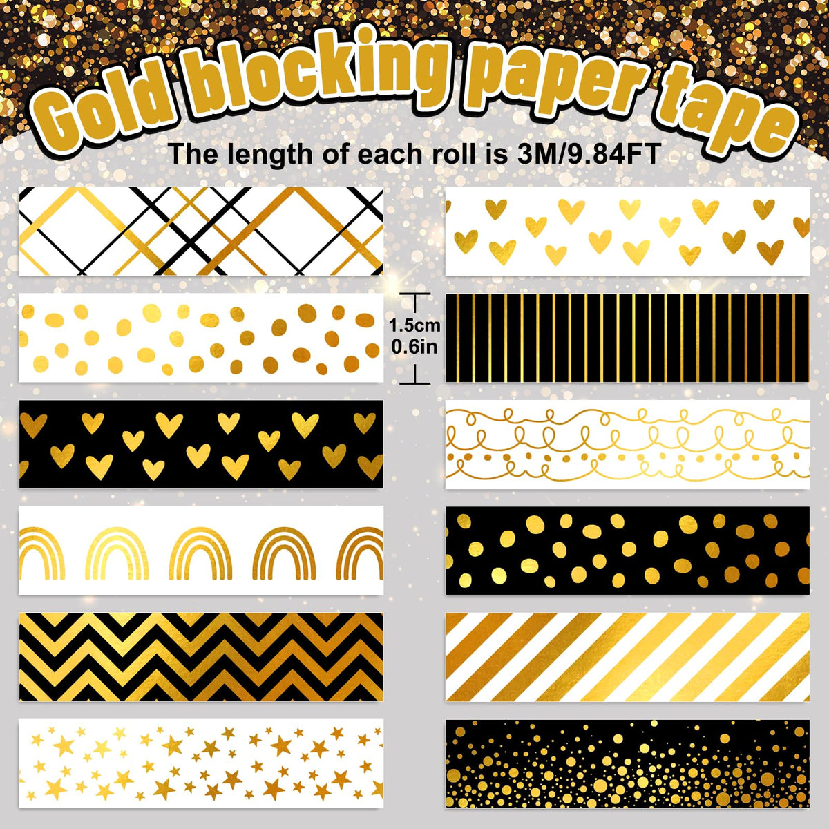 Whaline 12 Rolls Gold Foil Pattern Washi Tape Heart Dot Stripe Rainbow Masking Tape Set Decorative