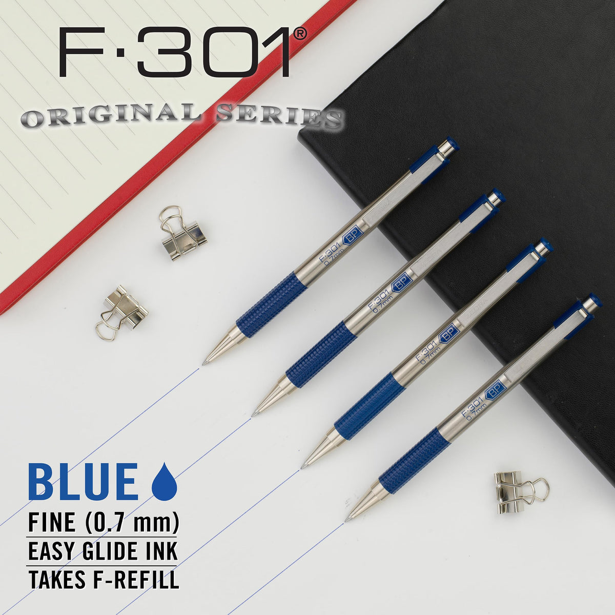 Zebra Pen STEEL F-301 Retractable Ballpoint Pen, Blue Ink, 0.7mm, 12-Pack
