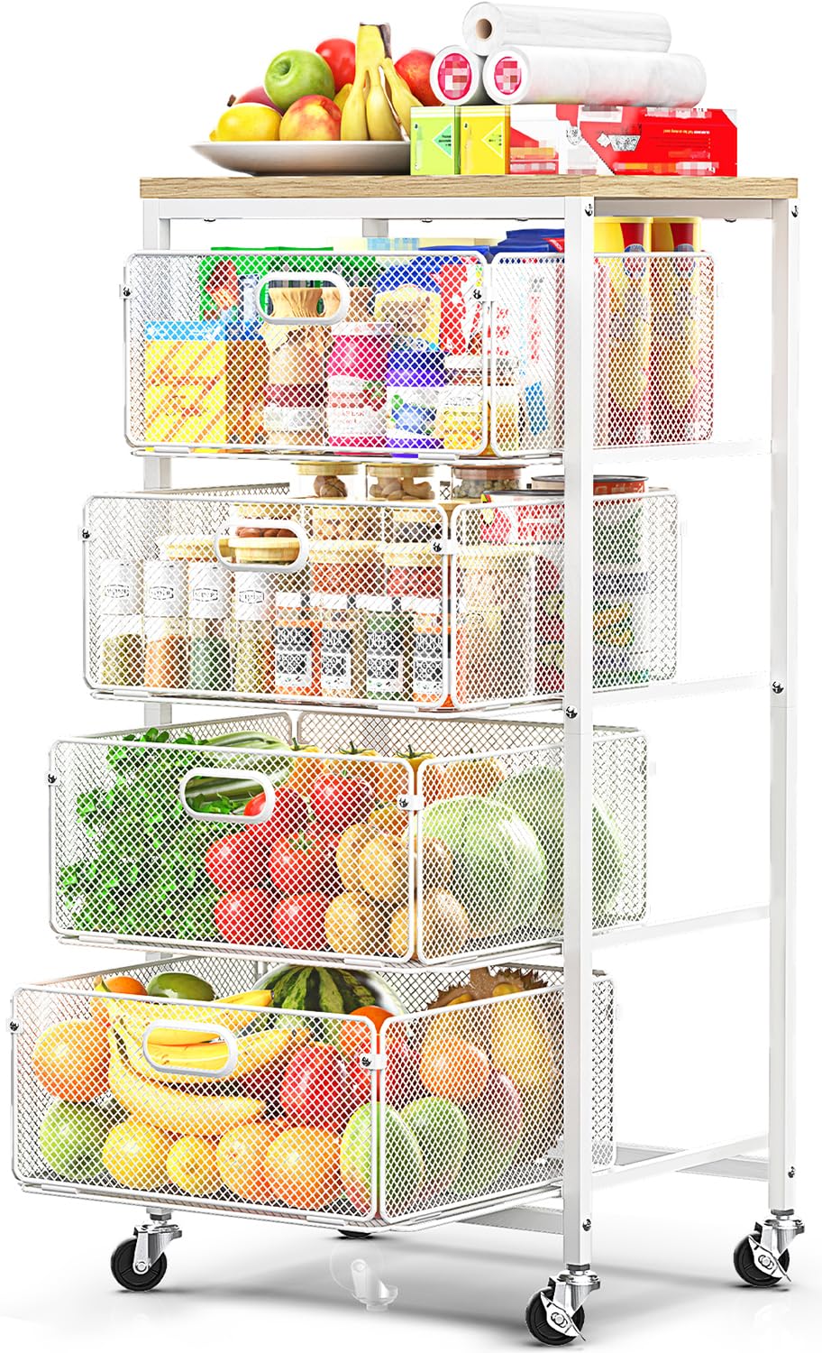 SUNALLY Kitchen Storage Cart with Drawers,Metal Snack Cart Organizer,White