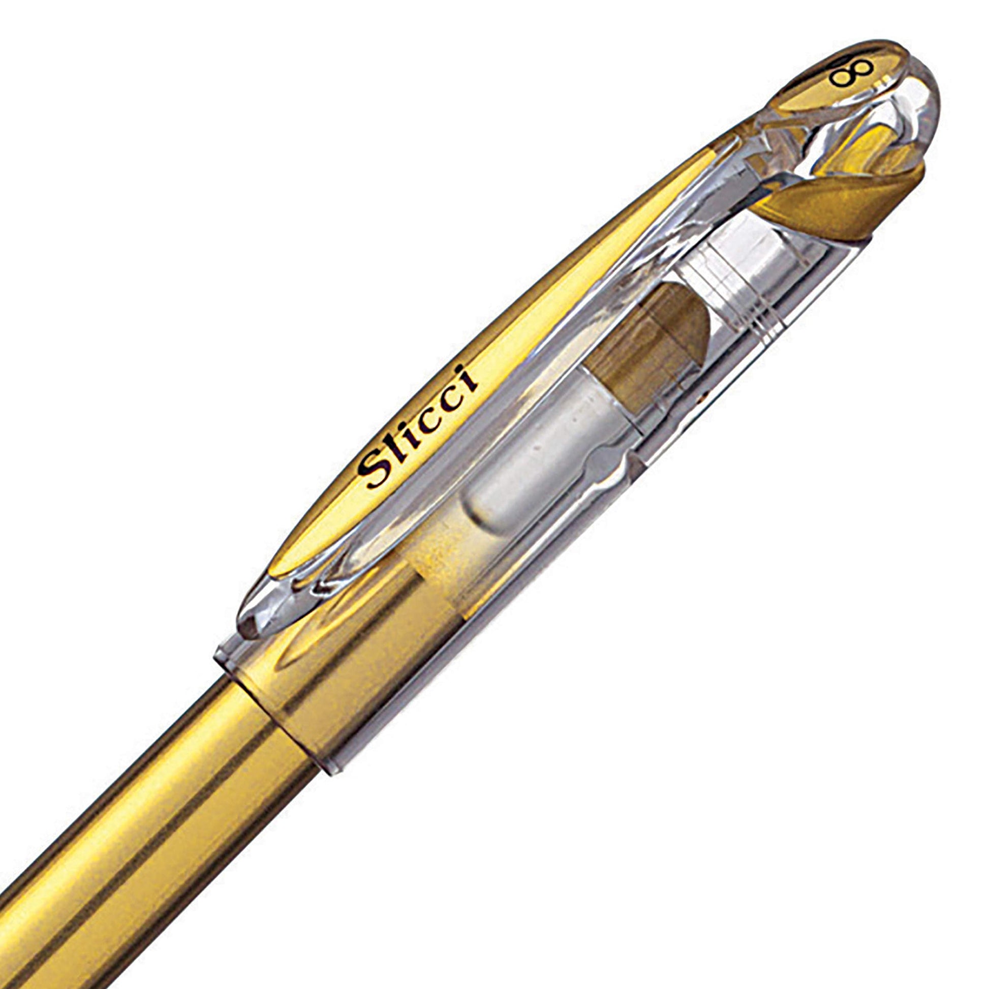 Pentel Arts Slicci Metallic 0.8 mm Needle Tip Gel Pen, Gold Ink, Box of 12 (BG208-x)