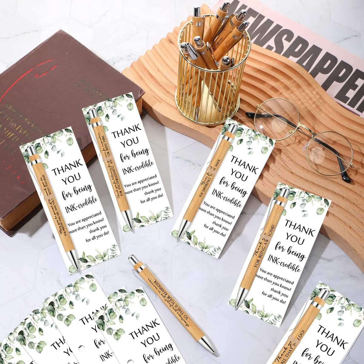 Yeaqee 72 Sets 36 Sets Bamboo Pens with Thank You Card, Encouragement