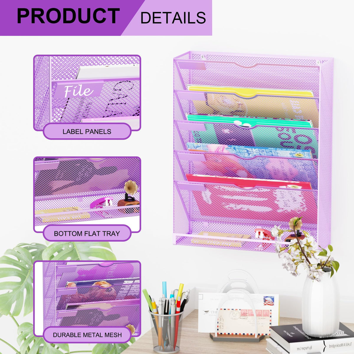 GDINDINFAN Hanging Wall File Organizer 6 Tier Wall Mounted Mail Paper Folder Holder Document