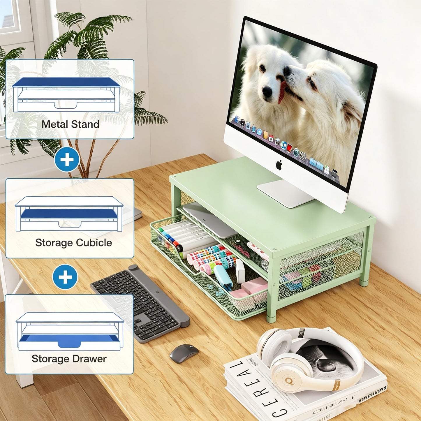 OPNICE Computer Monitor Stand Riser, Desk Organizer with Drawer, Printer & Laptop Stand, Office