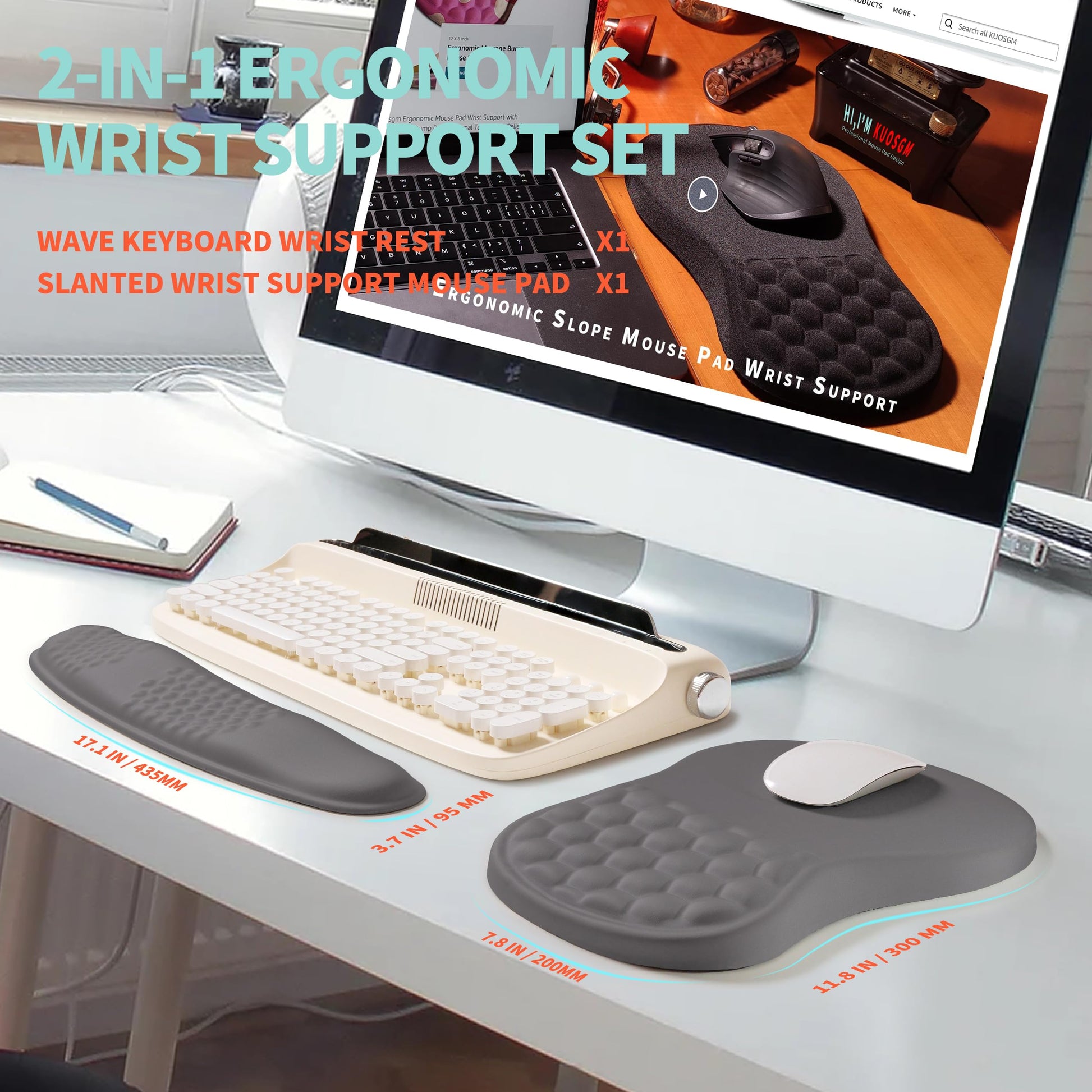 KUOSGM 2-in-1 Ergonomic Set, Wave Rise Keyboard Wrist Rest and Massage Bulge Slope Mouse Pad Wrist