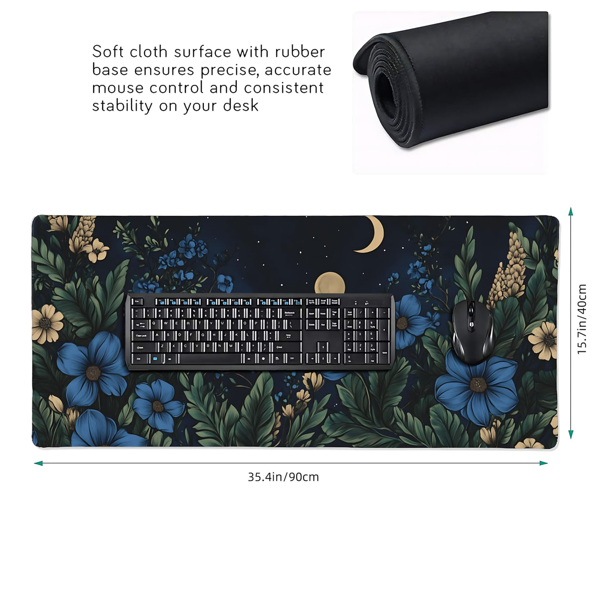 Floral Aesthetic Cosmos Gaming Mouse Pad, Black Blue Vintage Botanical Desk Mat with Anti-Slip Base