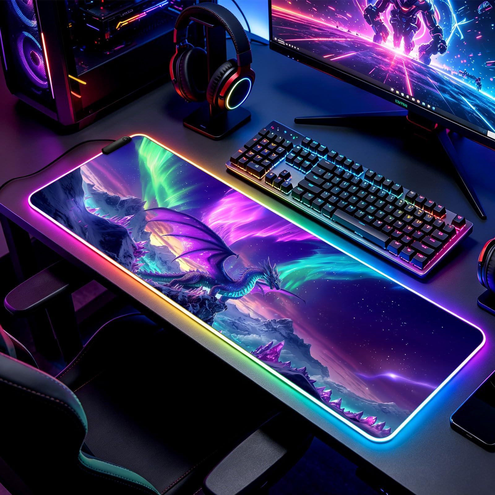 JIANG100 RGB Dragon Under Aurora Sky Gaming Desk Mat & Mouse Pad, XL