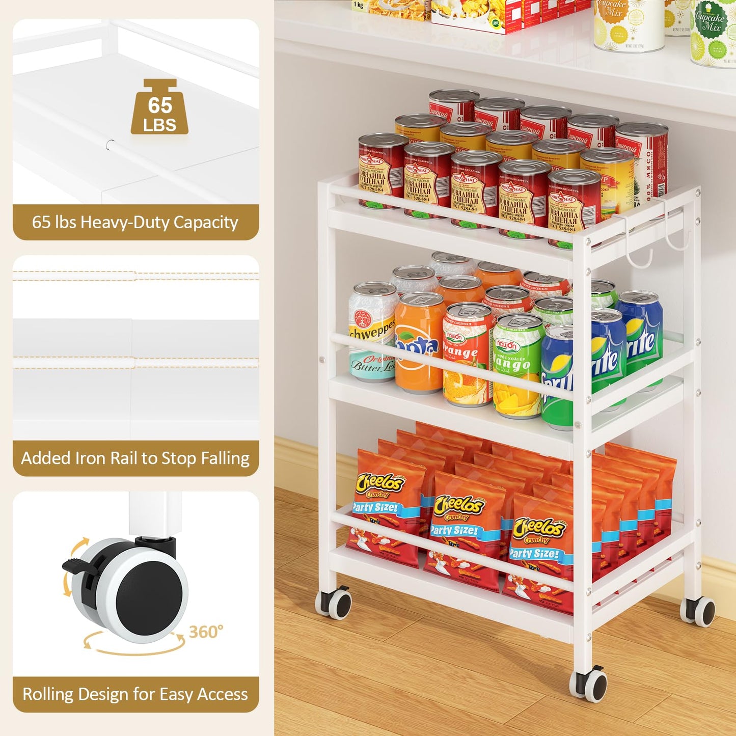 3-Tier Expandable Rolling Pantry Organizers and Storage Cart with Wheels, Adjustable Pantry Floor
