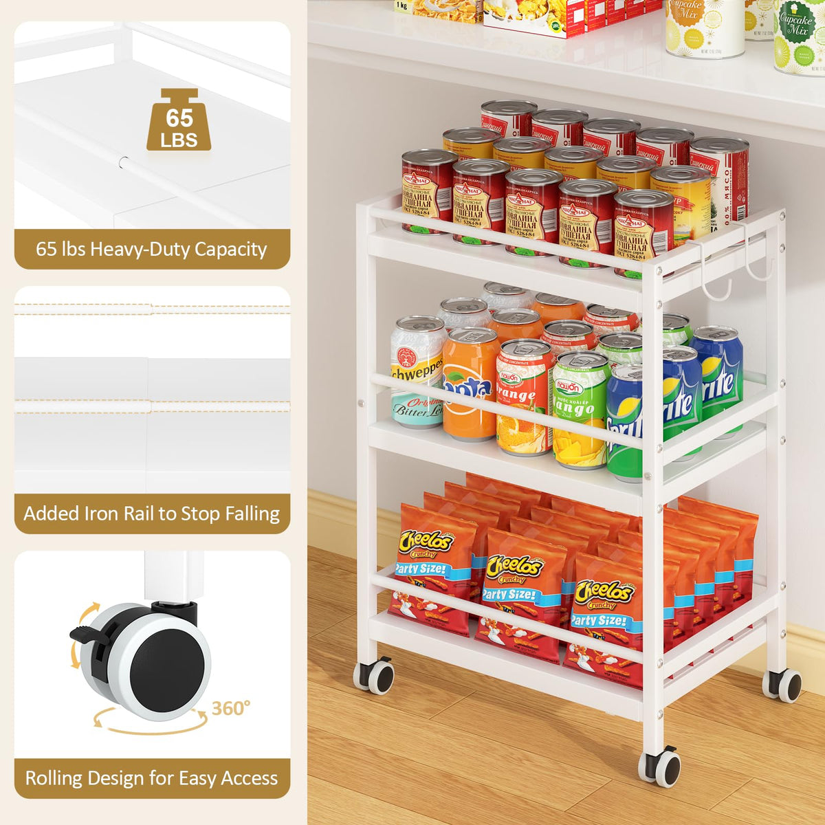 3-Tier Expandable Rolling Pantry Organizers and Storage Cart with Wheels, Adjustable Pantry Floor