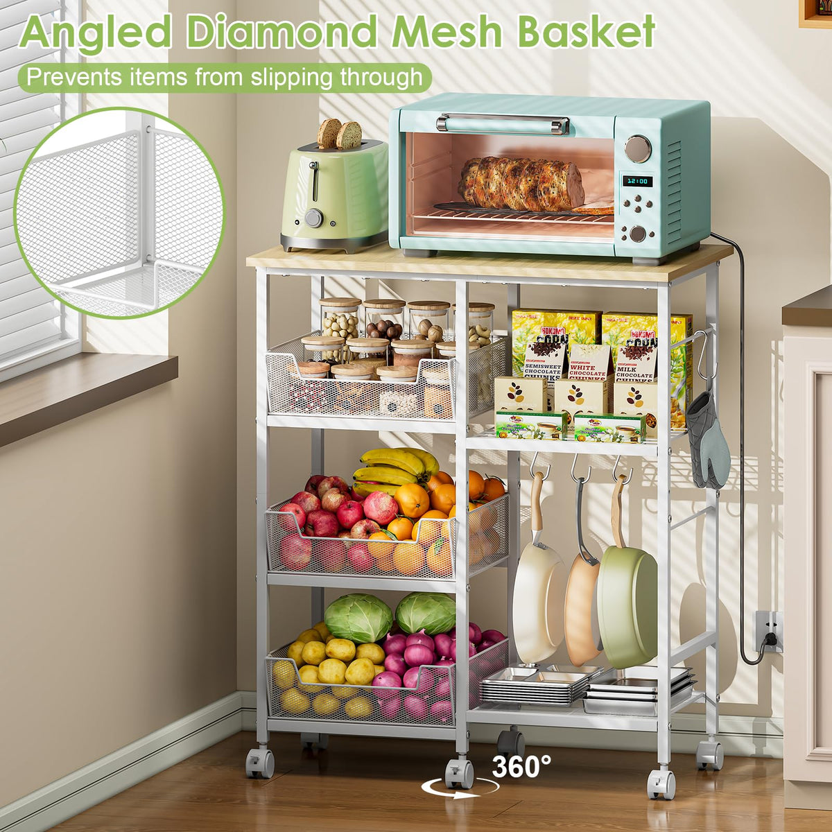 Rolling Kitchen Microwave Organizer Cart, Adjustable Shelves, White
