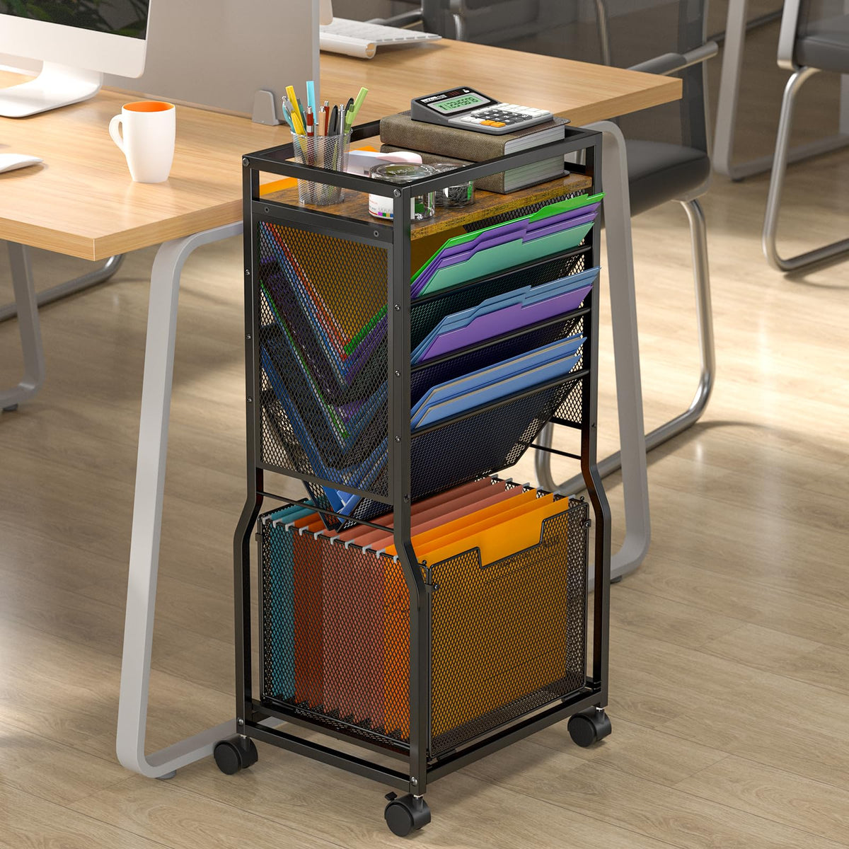 DAOUTIME 8 Tier Rolling File Cart with Hanging File Folder Organizer, Mobile File Organizer with 2