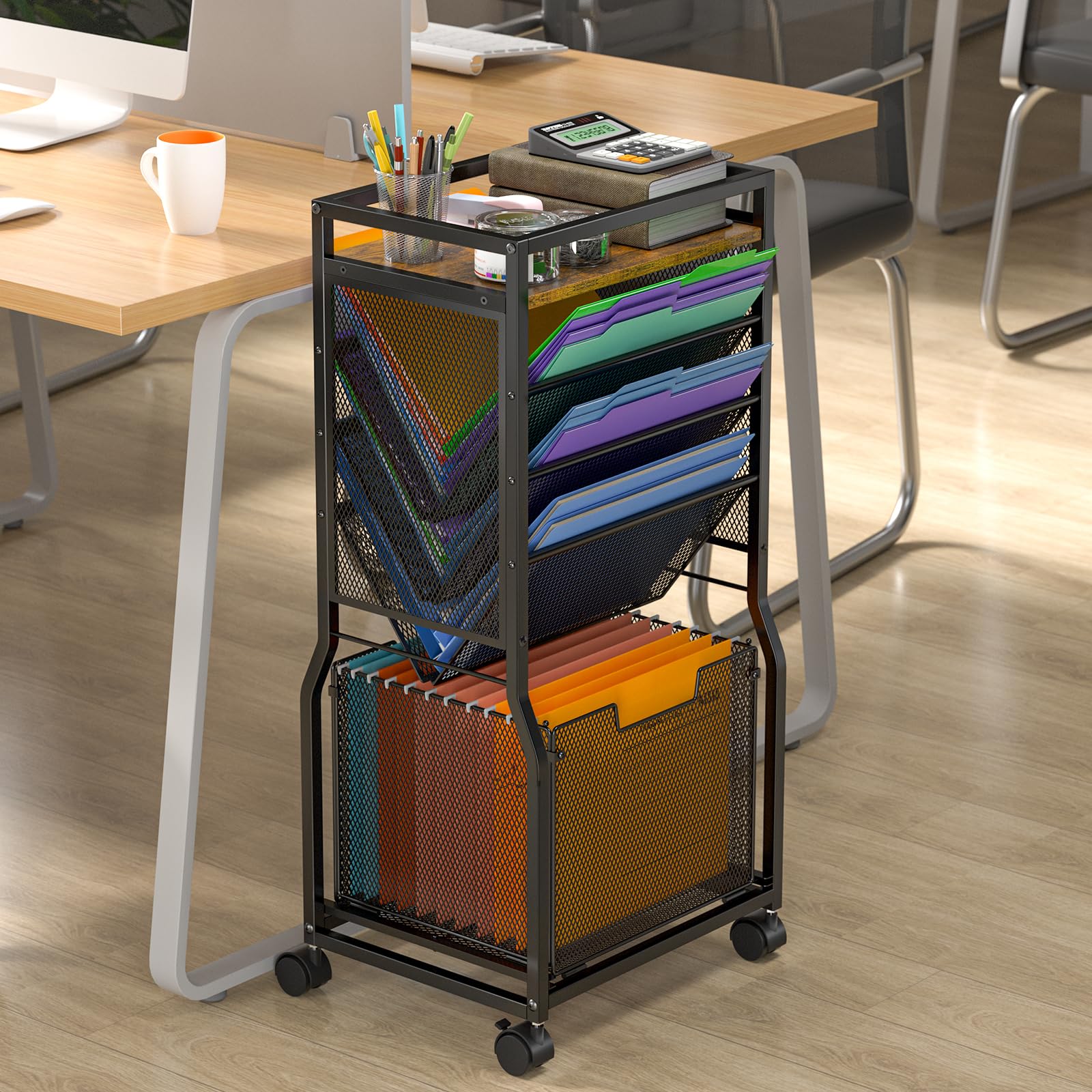 DAOUTIME 8 Tier Rolling File Cart with Hanging File Folder Organizer, Mobile File Organizer with 2